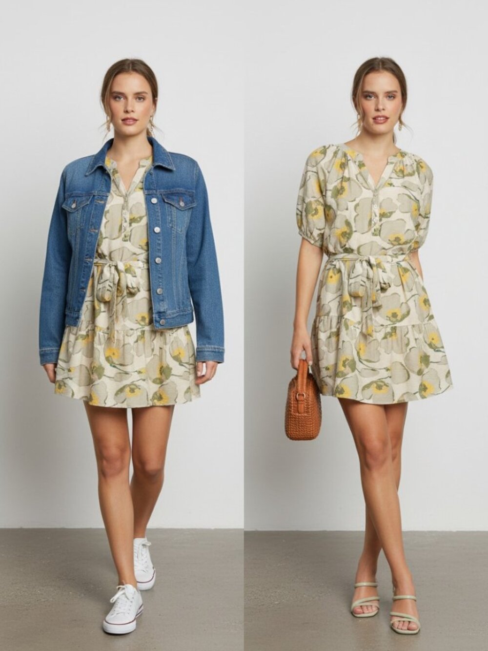 Umgee NWT Floral Tie Waist Mini Fall Boho Dress Neutral Sz L